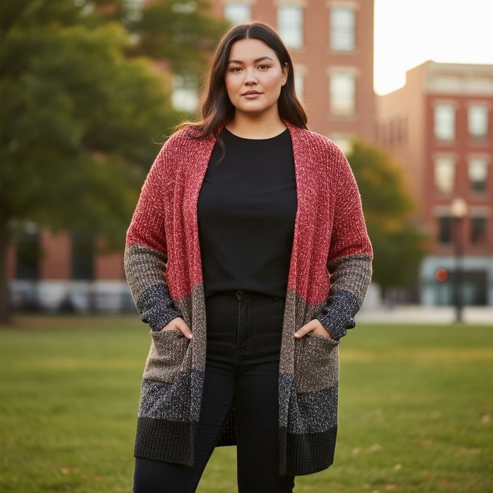 NIC+ZOE Colorblock Open Front Long Cardigan Sweater Red Brown Black 2X